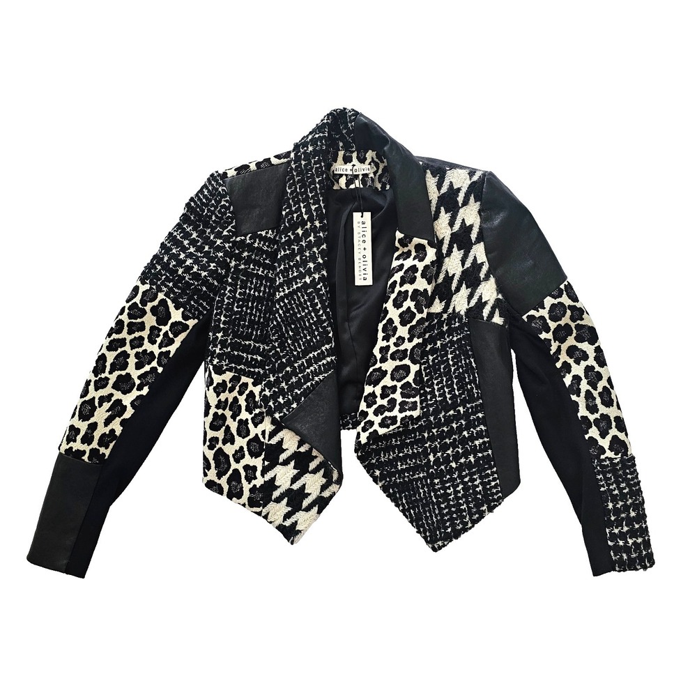 Alice + Olivia Small Harvey Cropped Tweed Leather Leopard Jacket Patchwork‎ NWT
